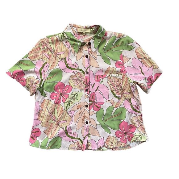LOVE NOTES Button Down Cropped Hawaiian Tropical Print Shirt Size Medium - Picture 1 of 4